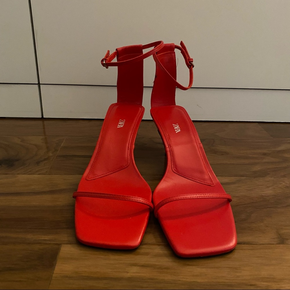 NEW Zara Red Kitten Heel Strappy Sandals - Size 38